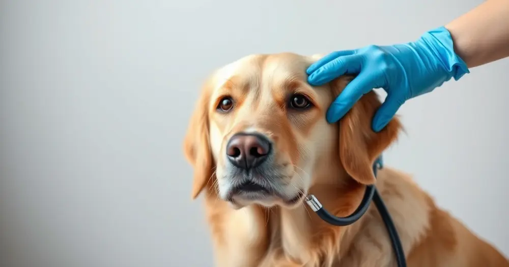 Mãos com luva azul examinando cão golden retriever com estetoscópio, retratando o trabalho do médico veterinário